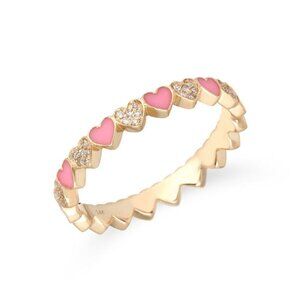 Heart Band 14K (or 18k upon request) Yellow Gold Pink Enamel Diamond Ring